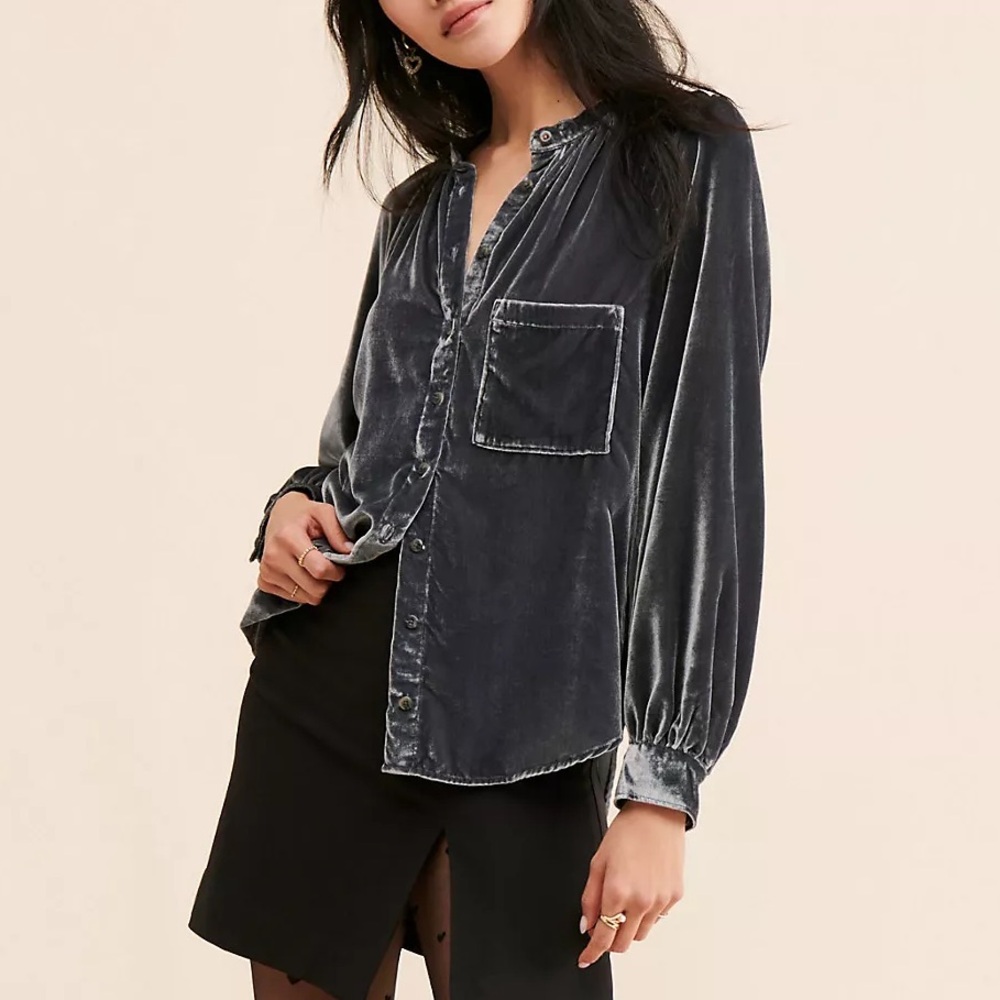 Anthropologie Velvet Button-Down Shirt in Charcoal